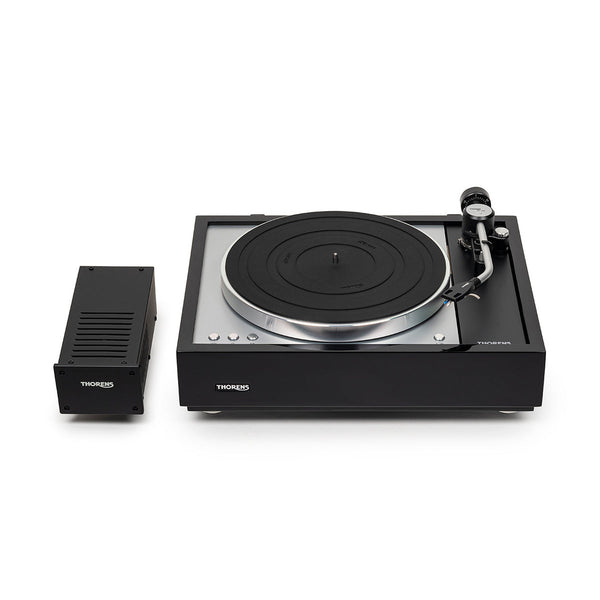 Thorens TD 1601 (TP 160) Plattenspieler Schwarz Frontansicht mit externem Netzteil TPN 1600