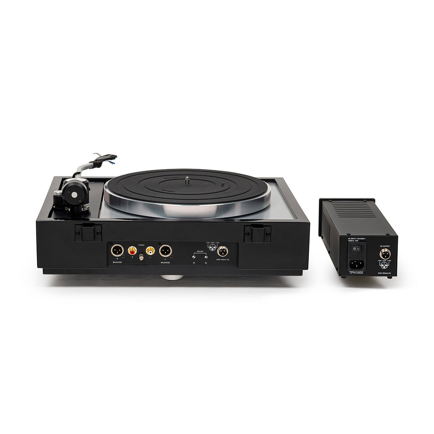 Thorens TD 1601 (TP 160) Plattenspieler Schwarz Rückansicht mit Anschlussfeld und Netzteil TPN 1600