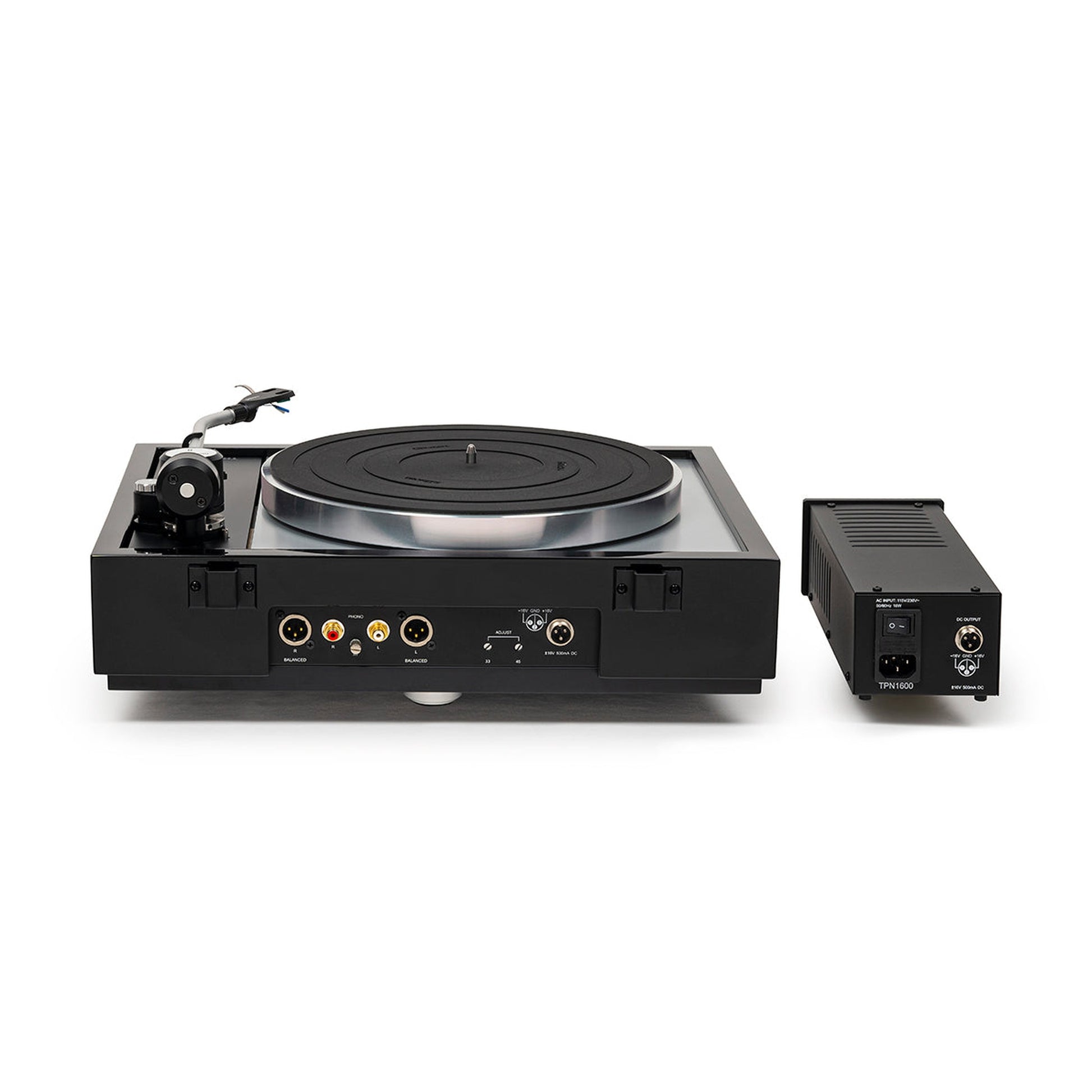 Thorens TD 1601 (TP 160) Plattenspieler Schwarz Rückansicht mit Anschlussfeld und Netzteil TPN 1600
