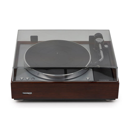 Thorens TD 1601 (TP 160) Plattenspieler Walnuss Frontansicht 3 mit geschlossener Staubschutzhaube
