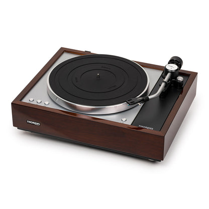 Thorens TD 1601 (TP 160) Plattenspieler Walnuss Frontansicht 5 ohne Staubschutzhaube, Ansicht von links