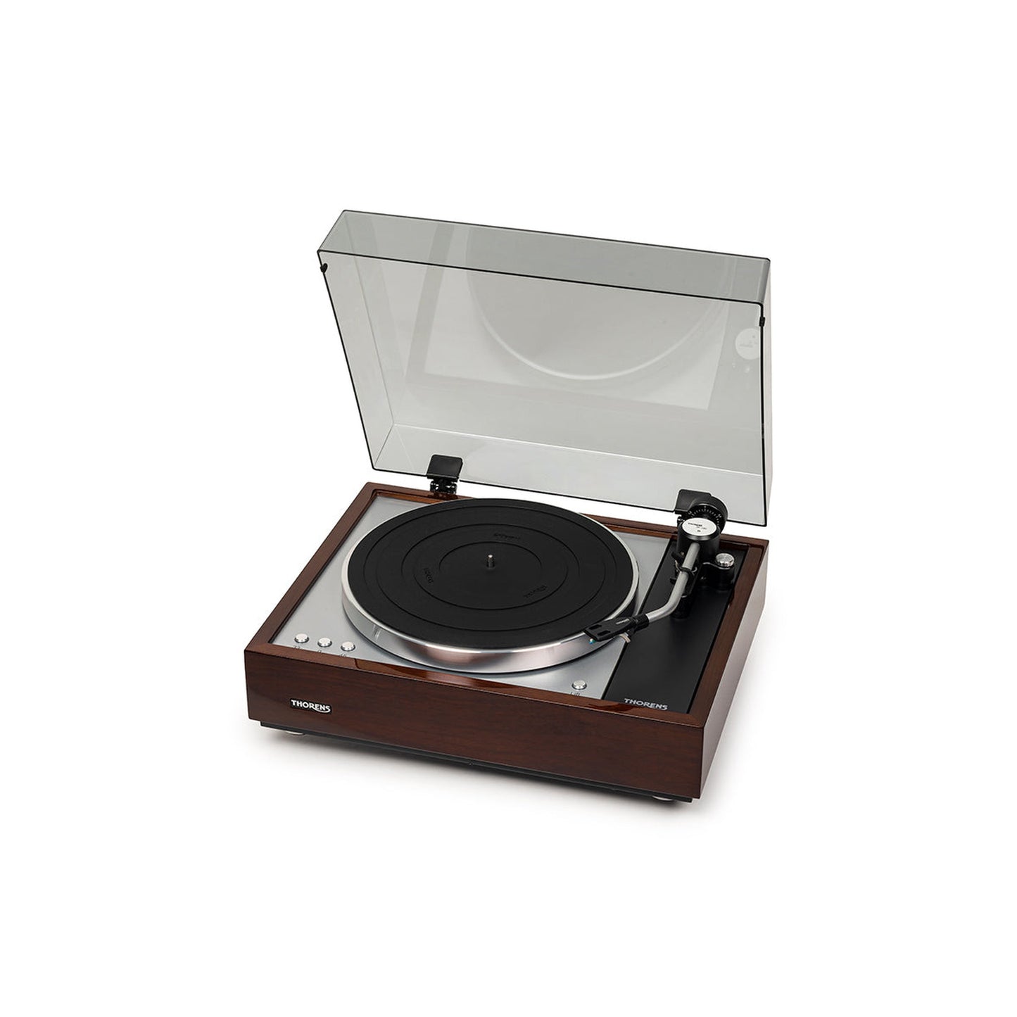 Thorens TD 1601 (TP 160) Plattenspieler Walnuss Frontansicht 7 mit geöffneter Staubschutzhaube