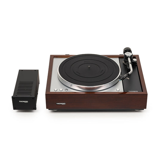 Thorens TD 1601 (TP 160) Plattenspieler Walnuss Frontansicht mit externem Netzteil TPN 1600