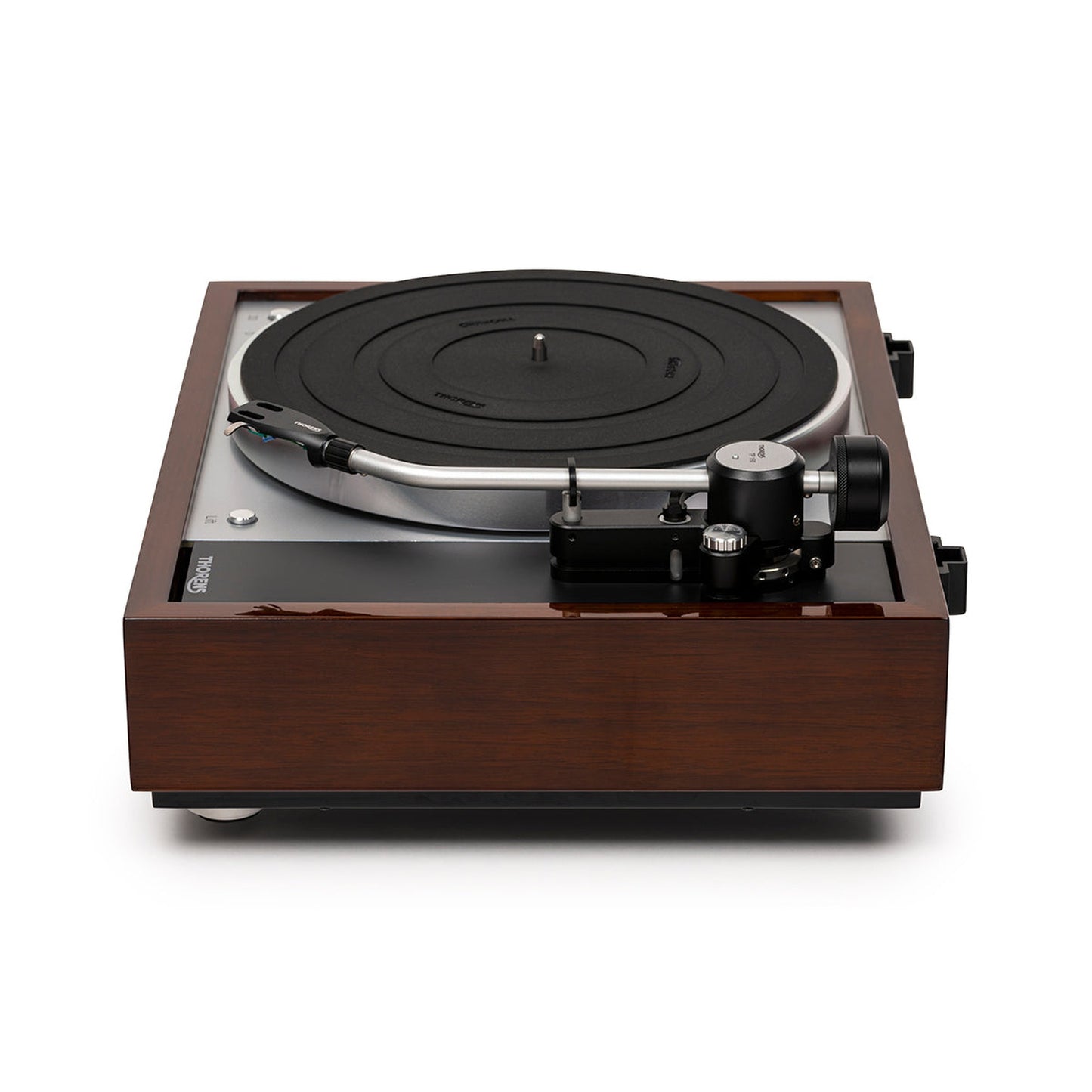 Thorens TD 1601 (TP 160) Plattenspieler Walnuss Seitenansicht mit Tonarmbasis
