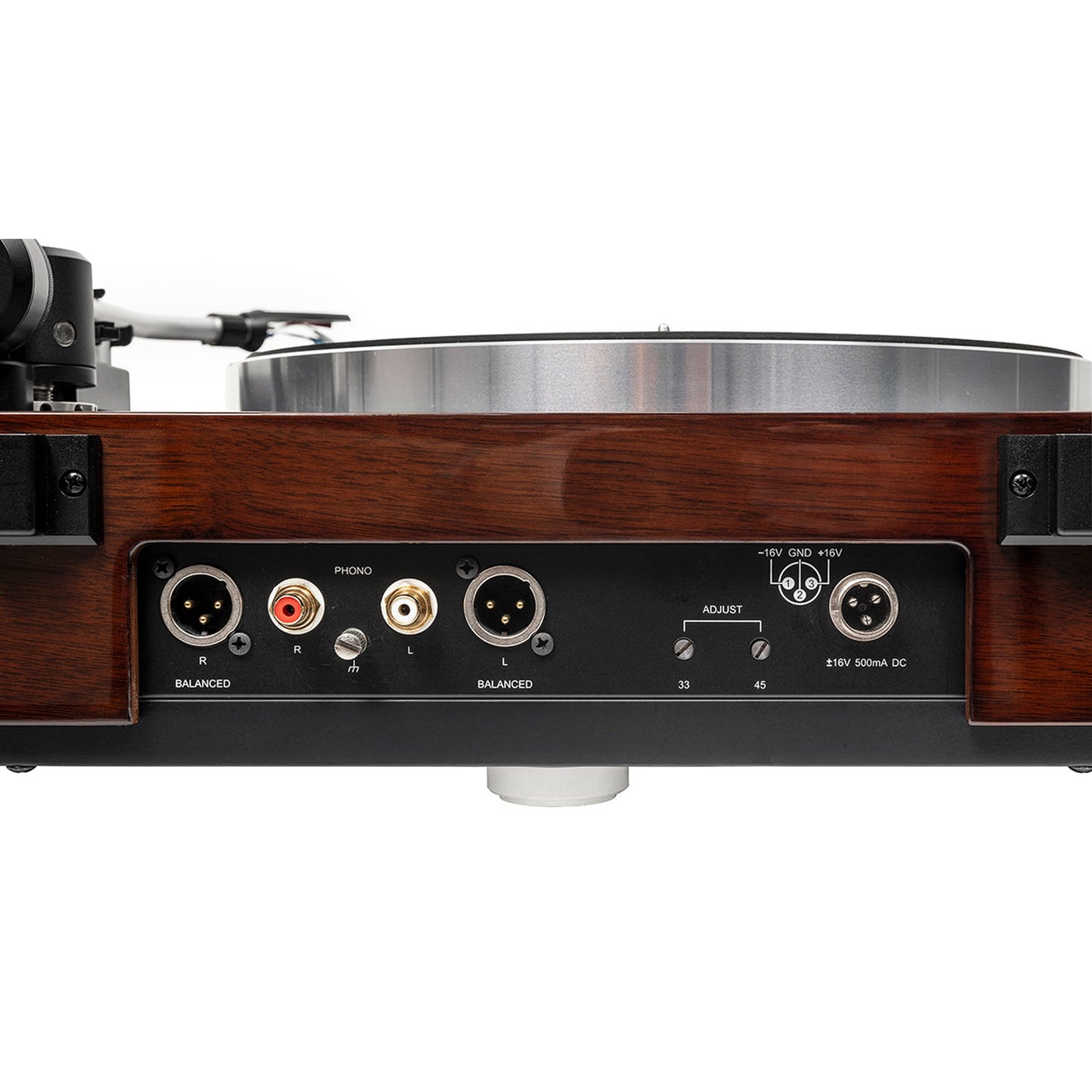 Thorens TD 1601 (TP 92) + AT-33EV MC Plattenspieler Walnuss Anschlussfeld mit XLR- und Cinch-Ausgängen