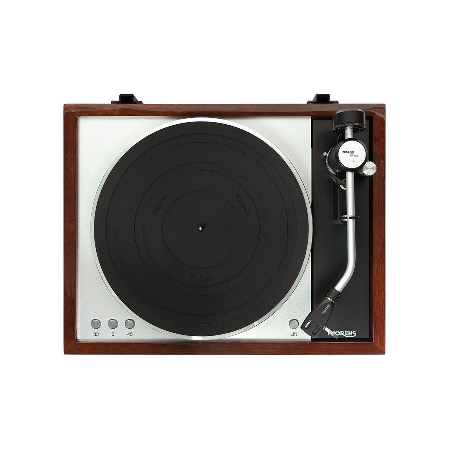 Thorens TD 1601 (TP 92) + AT-33EV MC Plattenspieler Walnuss Draufsicht mit Tonarm und Plattenteller