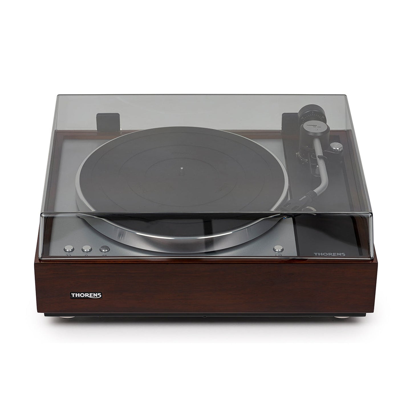 Thorens TD 1601 (TP 92) + AT-33EV MC Plattenspieler Walnuss Frontansicht 3 mit geschlossener Haube