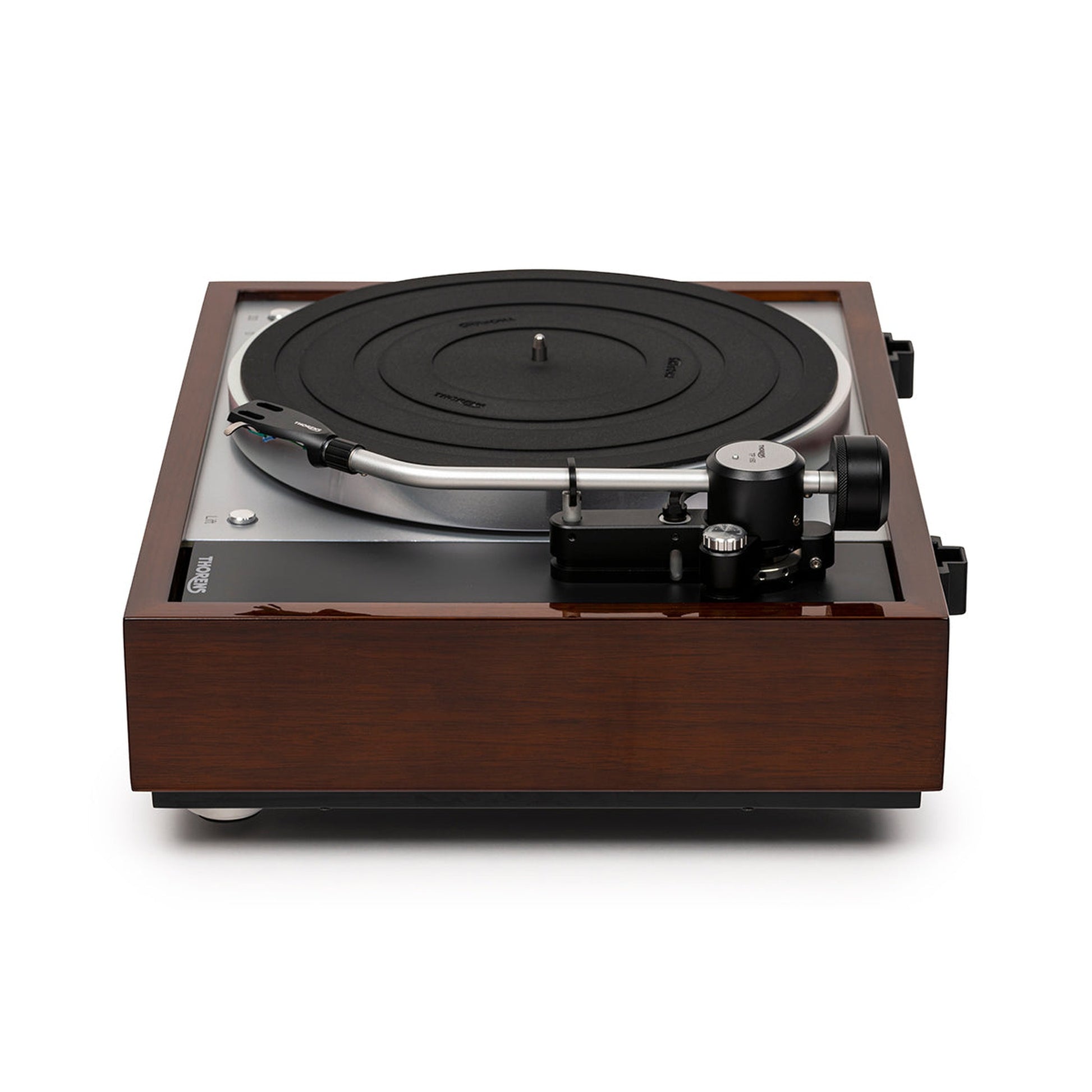 Thorens TD 1601 (TP 92) + AT-33EV MC Plattenspieler Walnuss Seitenansicht mit Tonarmbasis