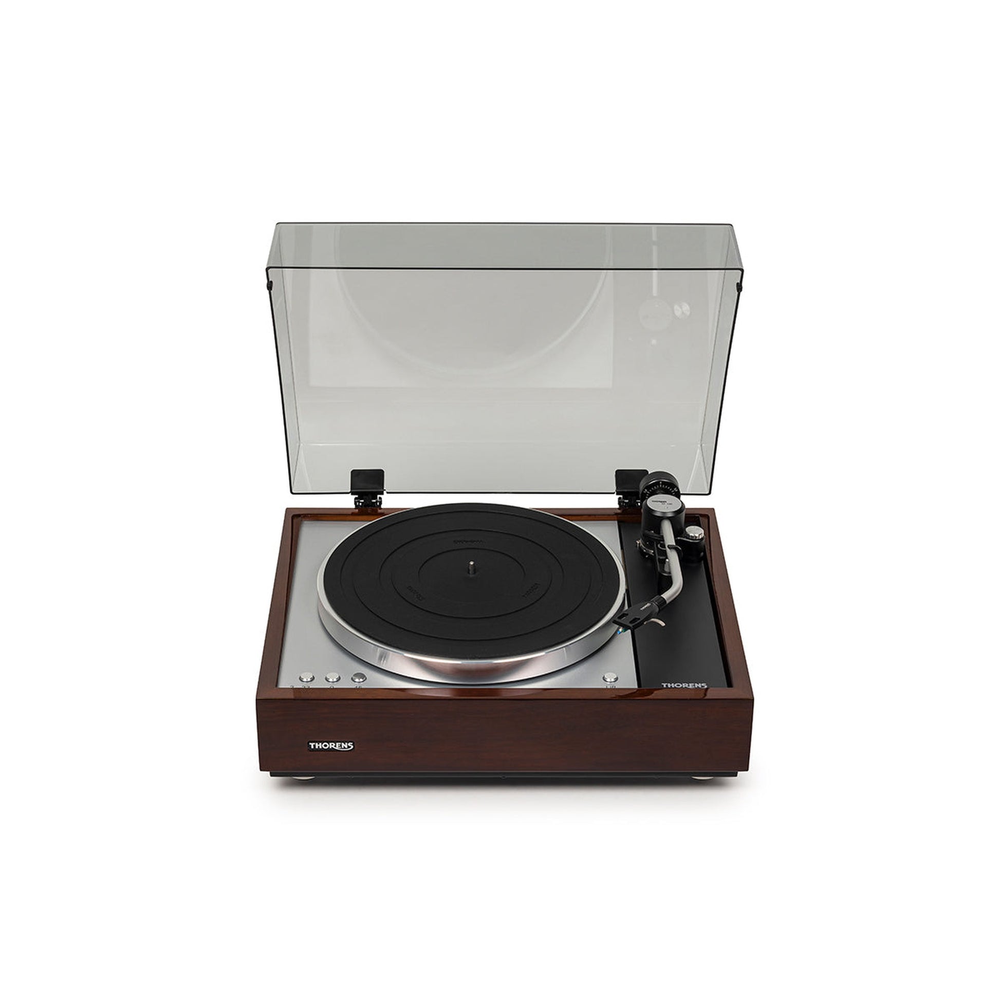 Thorens TD 1601 (TP 92) Plattenspieler Walnuss Frontansicht 4 mit geöffneter Staubschutzhaube