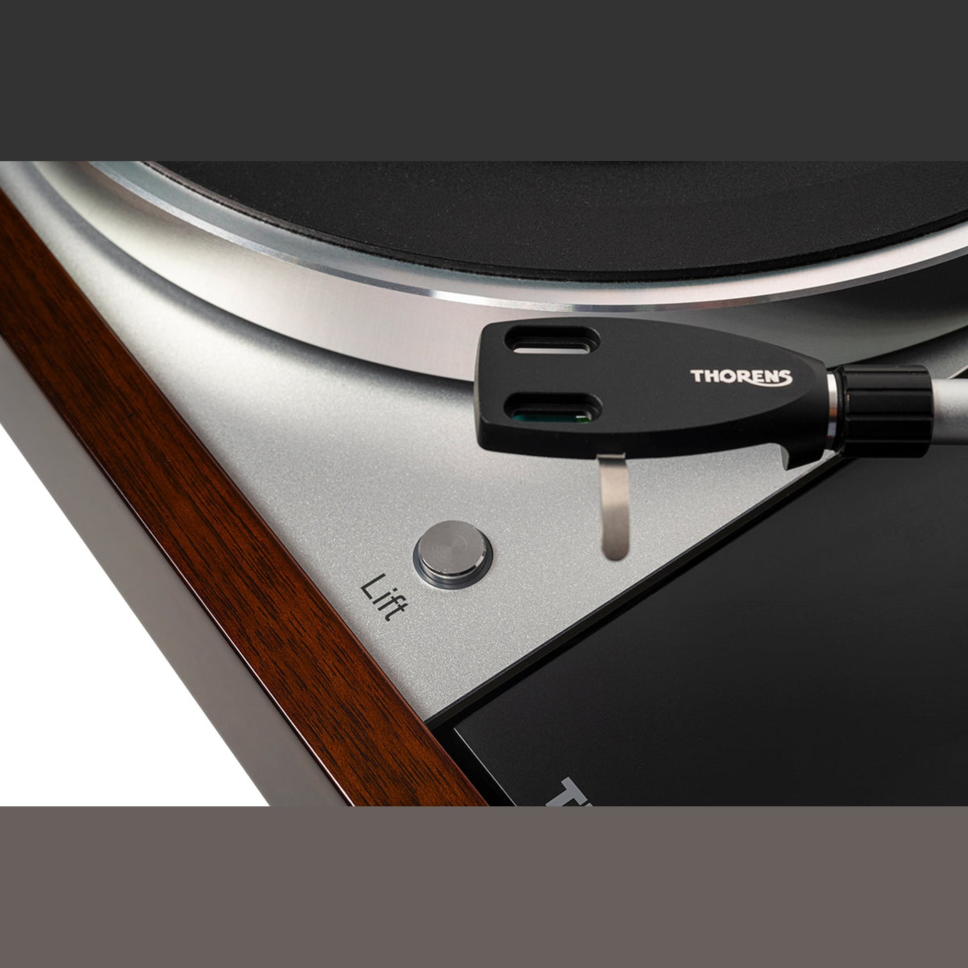 Thorens TD 1601 (TP 92) + TAS-1500 MC Plattenspieler Walnuss Detailansicht Headshell mit Tonarmlift