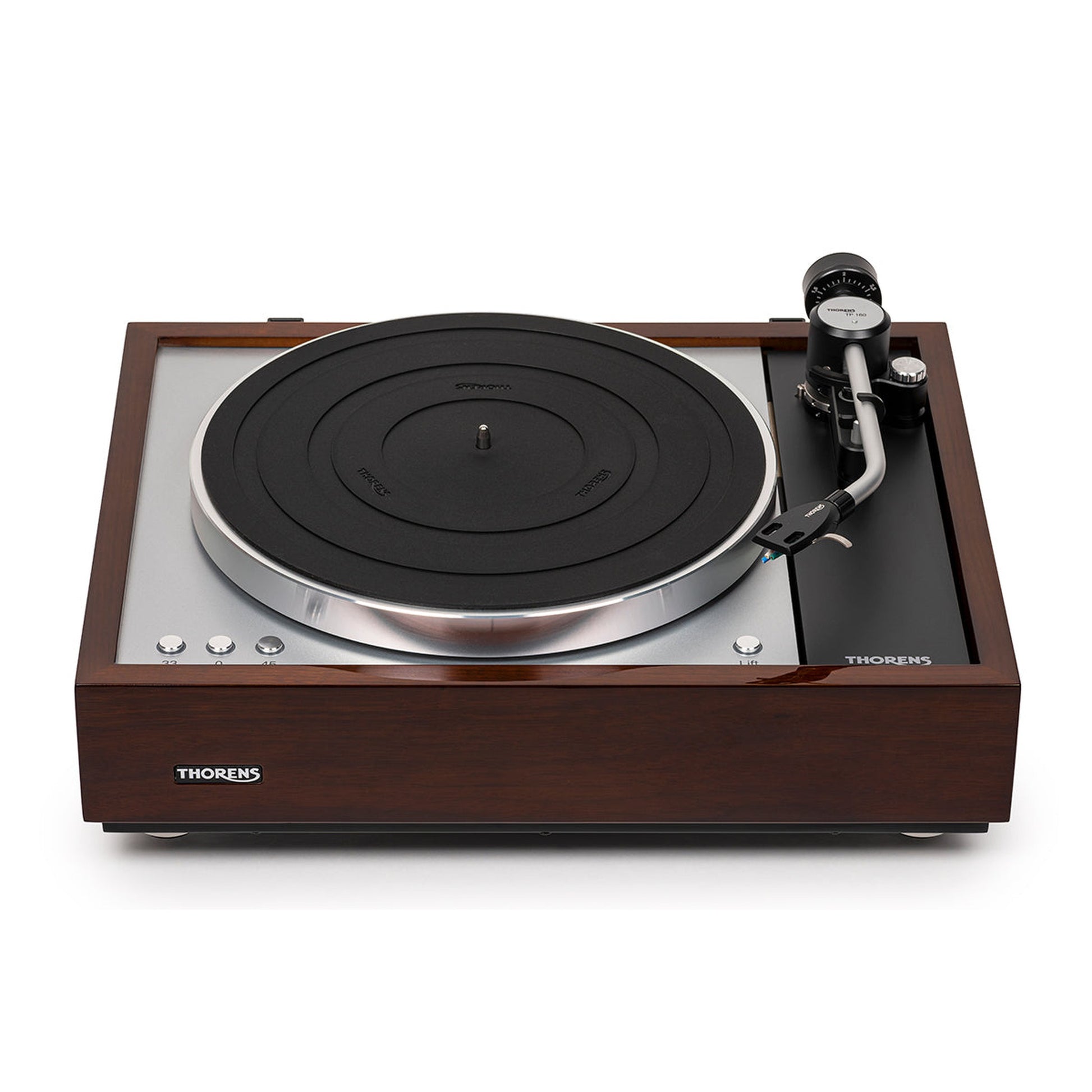 Thorens TD 1601 (TP 92) + TAS-1500 MC Plattenspieler Walnuss Frontansicht 2 ohne Haube