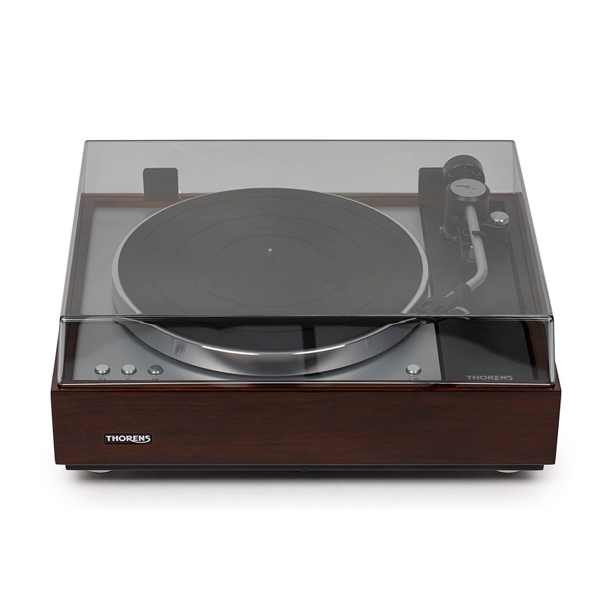 Thorens TD 1601 (TP 92) + TAS-1500 MC Plattenspieler Walnuss Frontansicht 3 mit geschlossener Haube