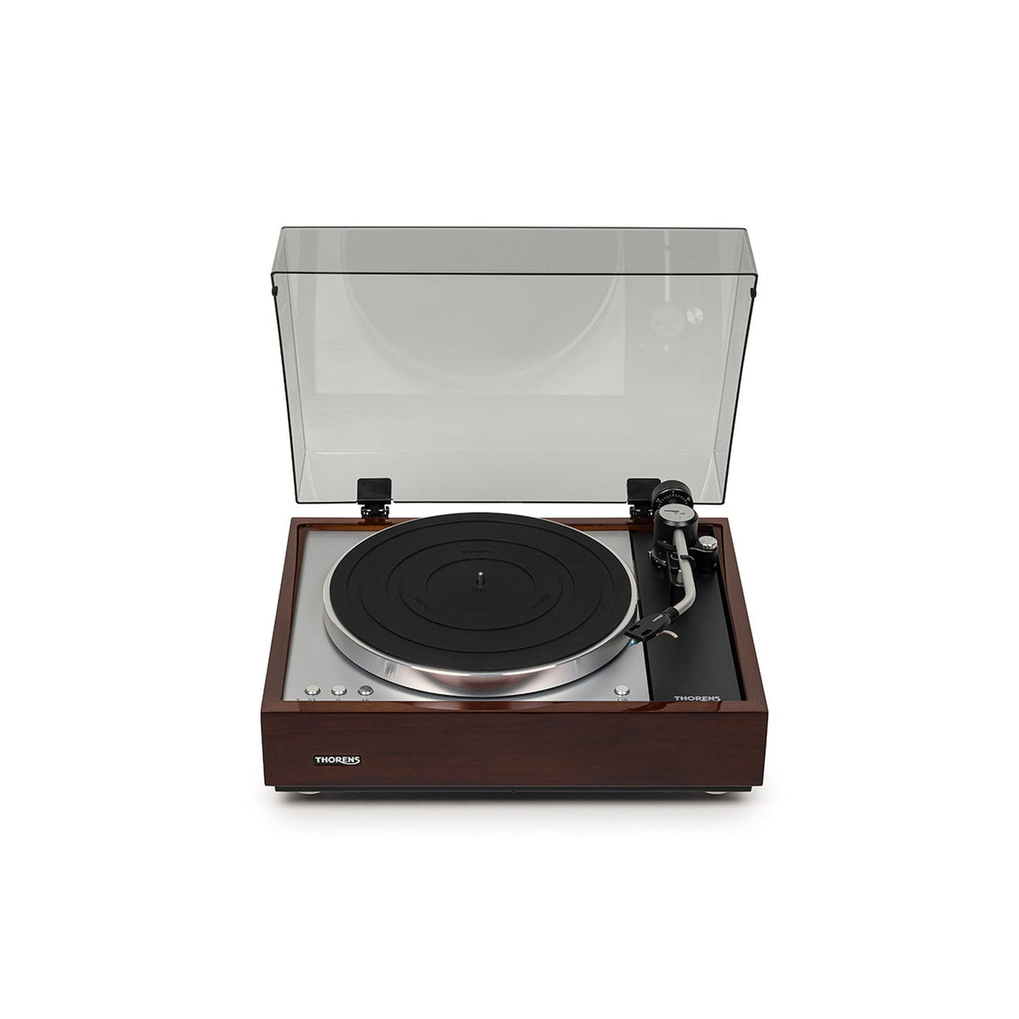 Thorens TD 1601 (TP 92) + TAS-1500 MC Plattenspieler Walnuss Frontansicht 4 mit geöffneter Haube