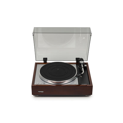 Thorens TD 1601 (TP 92) + TAS-1500 MC Plattenspieler Walnuss Frontansicht 4 mit geöffneter Haube