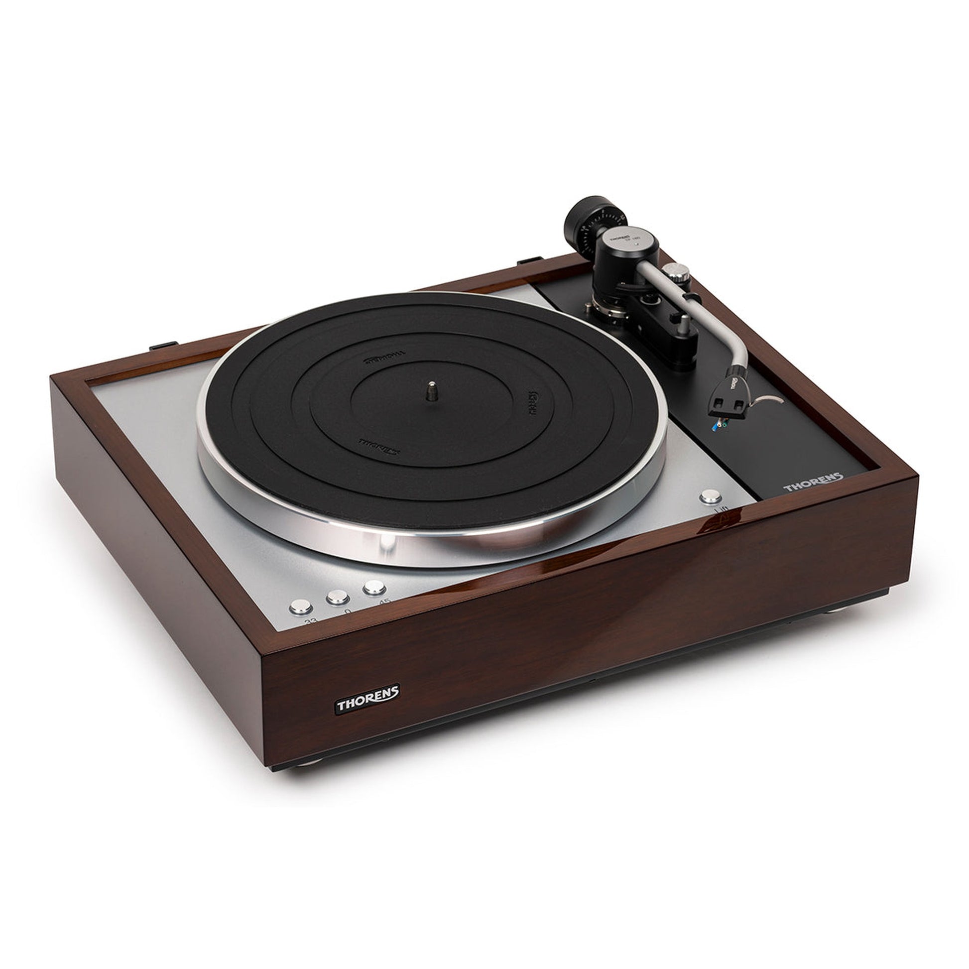 Thorens TD 1601 (TP 92) + TAS-1500 MC Plattenspieler Walnuss Frontansicht 6 ohne Haube, von rechts