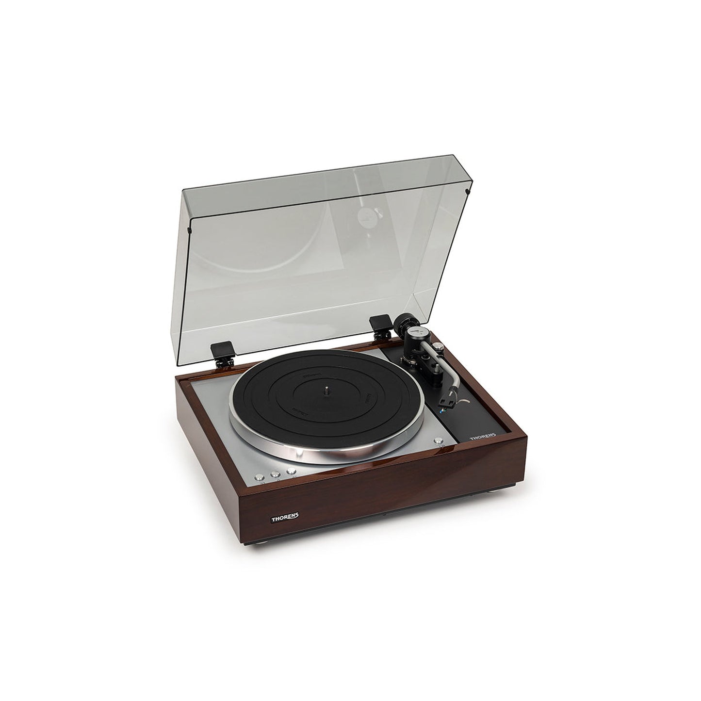 Thorens TD 1601 (TP 92) + TAS-1500 MC Plattenspieler Walnuss Frontansicht 8 mit geöffneter Haube, von rechts
