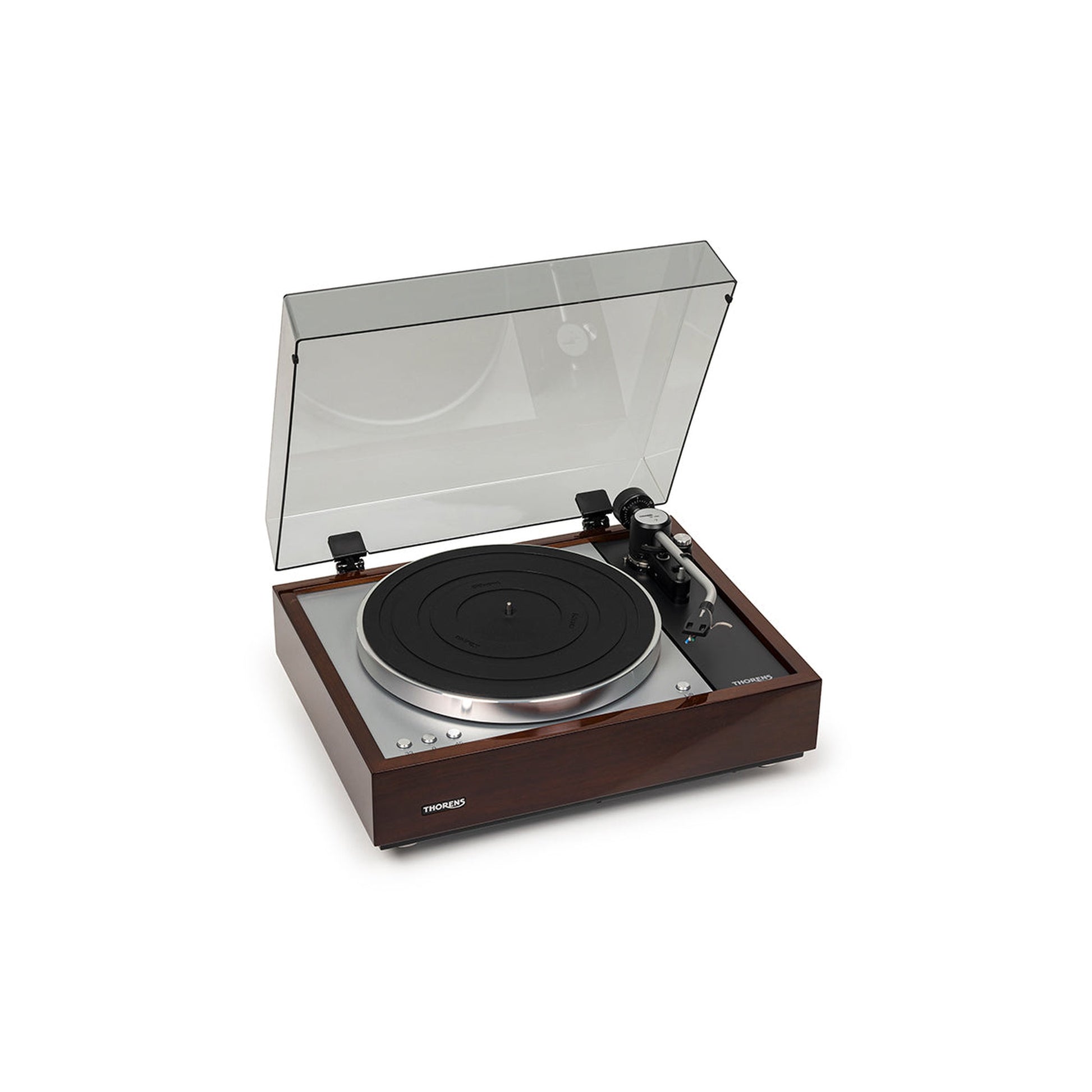Thorens TD 1601 (TP 92) + TAS-1500 MC Plattenspieler Walnuss Frontansicht 8 mit geöffneter Haube, von rechts