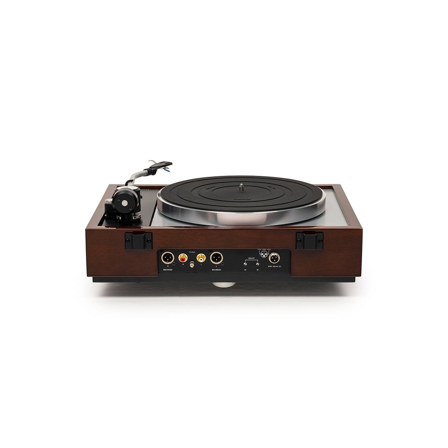 Thorens TD 1601 (TP 92) + TAS-1500 MC Plattenspieler Walnuss Rückansicht 2 mit Cinch- und XLR-Ausgängen