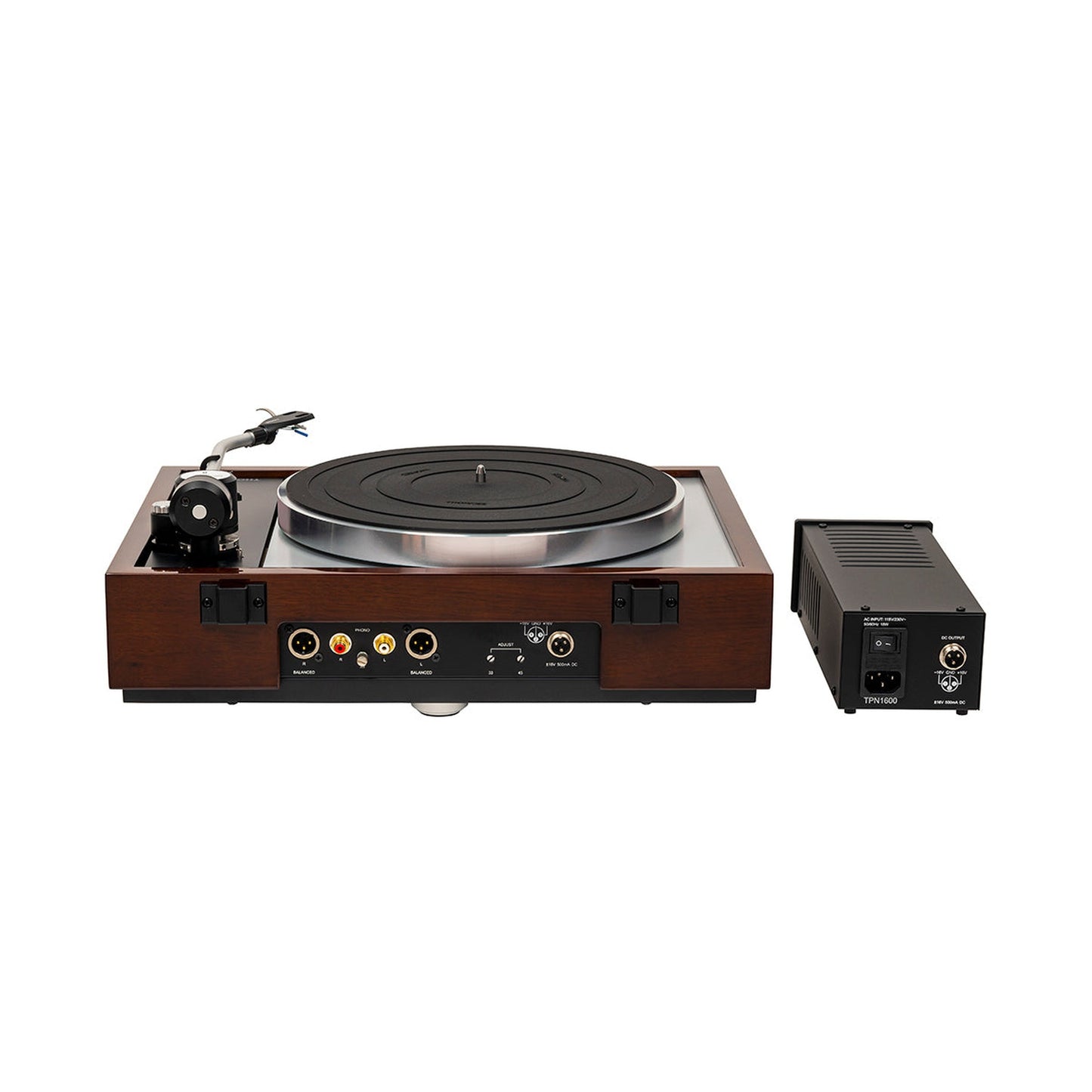 Thorens TD 1601 (TP 92) + TAS-1500 MC Plattenspieler Walnuss Rückansicht mit Netzteil TPN 1600