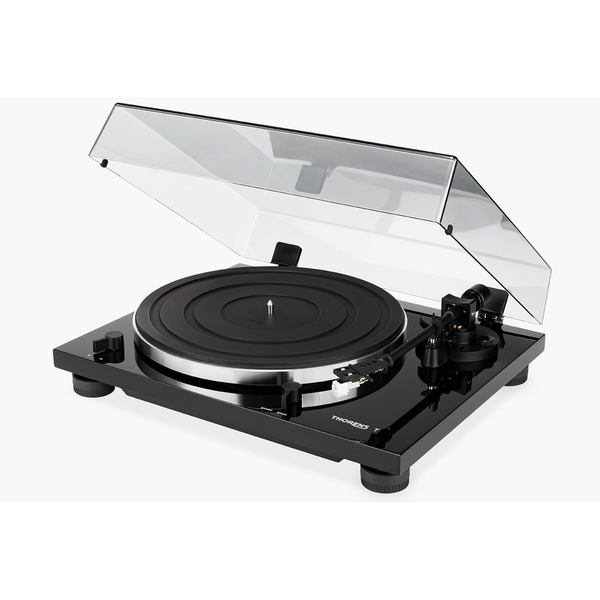 Thorens TD 201 Plattenspieler Schwarz Hochglanz Frontansicht mit geöffneter Staubschutzhaube