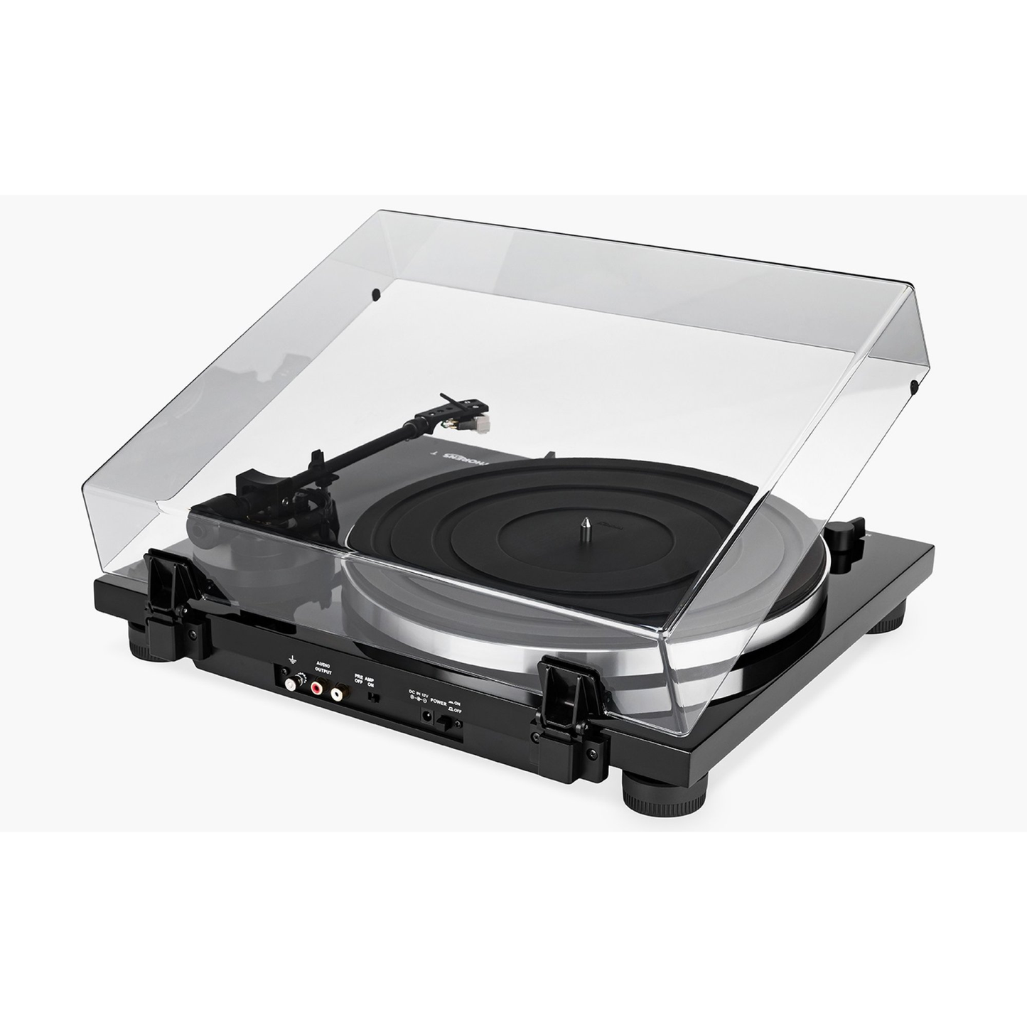 Thorens TD 201 Plattenspieler Schwarz Hochglanz Rückansicht mit Cinch-Ausgängen und Netzschalter