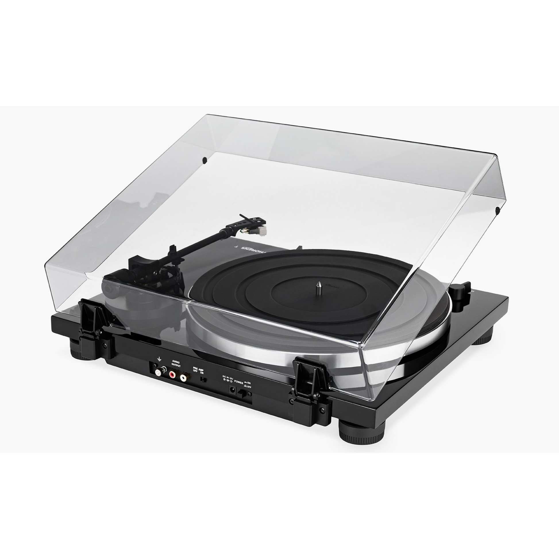 Thorens TD 201 Plattenspieler Schwarz Hochglanz Rückansicht mit Cinch-Ausgängen und Netzschalter