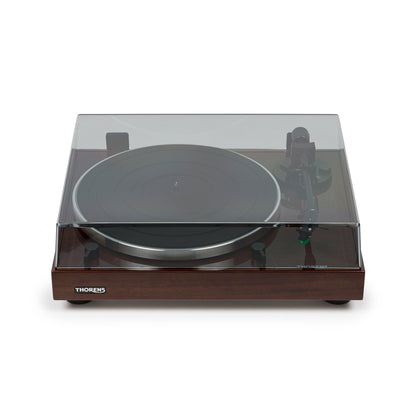 Thorens TD 202 Plattenspieler Nussbaum Hochglanz Frontansicht mit geschlossener Staubschutzhaube