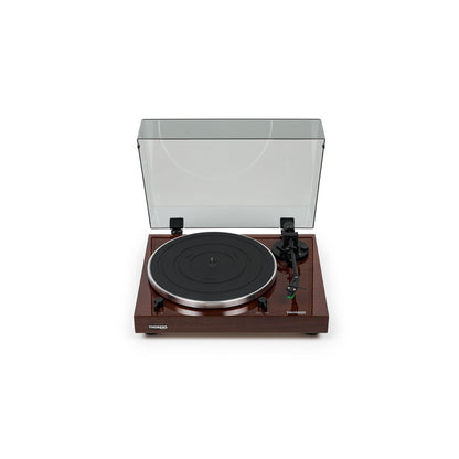 Thorens TD 202 Plattenspieler Nussbaum Hochglanz Frontansicht mit geöffneter Staubschutzhaube