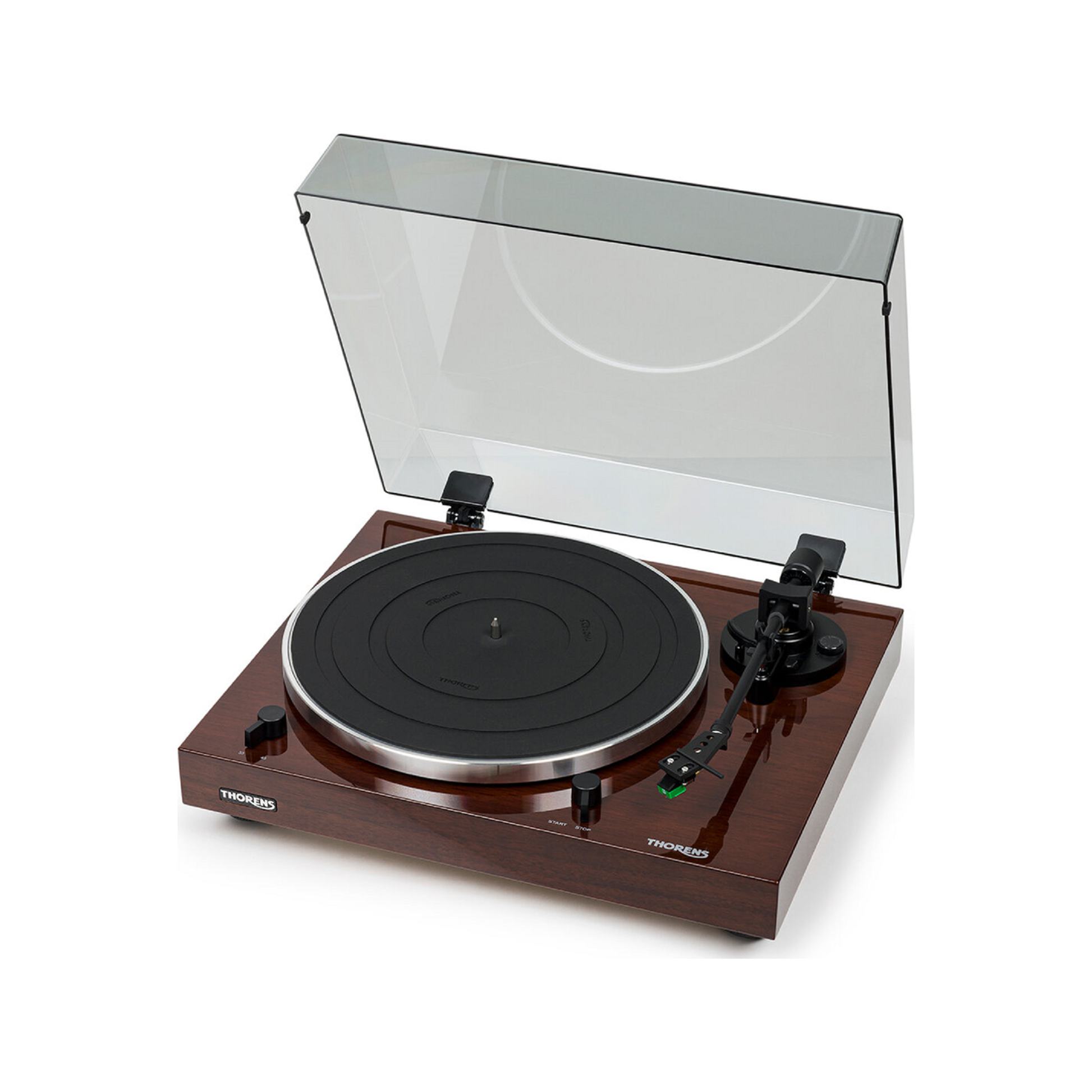 Thorens TD 202 Plattenspieler Nussbaum Hochglanz Frontansicht schräg von links mit geöffneter Staubschutzhaube