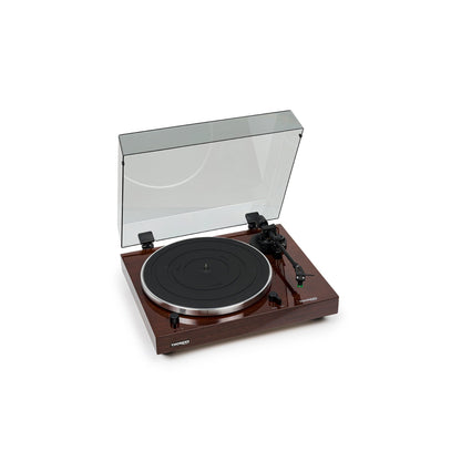 Thorens TD 202 Plattenspieler Nussbaum Hochglanz Frontansicht von rechts mit geöffneter Staubschutzhaube