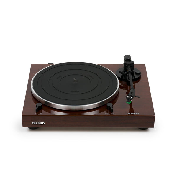 Thorens TD 202 Plattenspieler Nussbaum Hochglanz Frontansicht mit Plattenteller und Tonarm