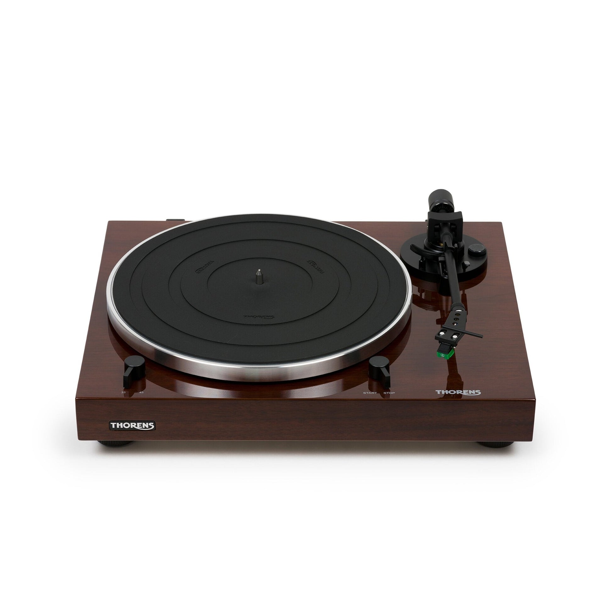 Thorens TD 202 Plattenspieler Nussbaum Hochglanz Frontansicht mit Plattenteller und Tonarm