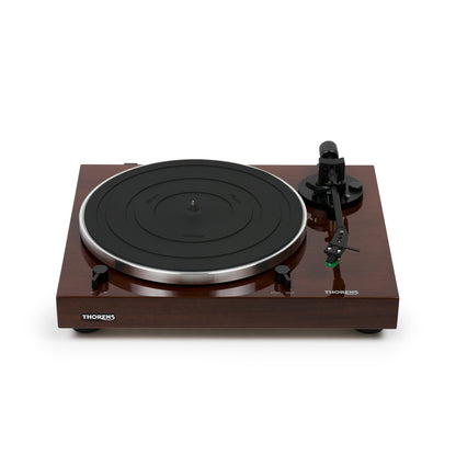 Thorens TD 202 Plattenspieler Nussbaum Hochglanz Frontansicht mit Plattenteller und Tonarm