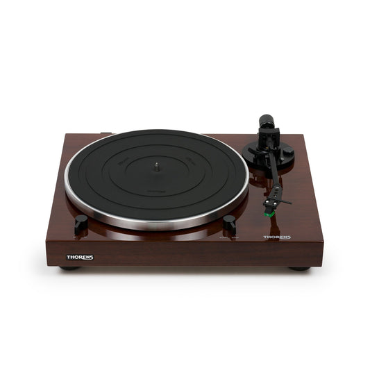 Thorens TD 202 Plattenspieler Nussbaum Hochglanz Frontansicht mit Plattenteller und Tonarm