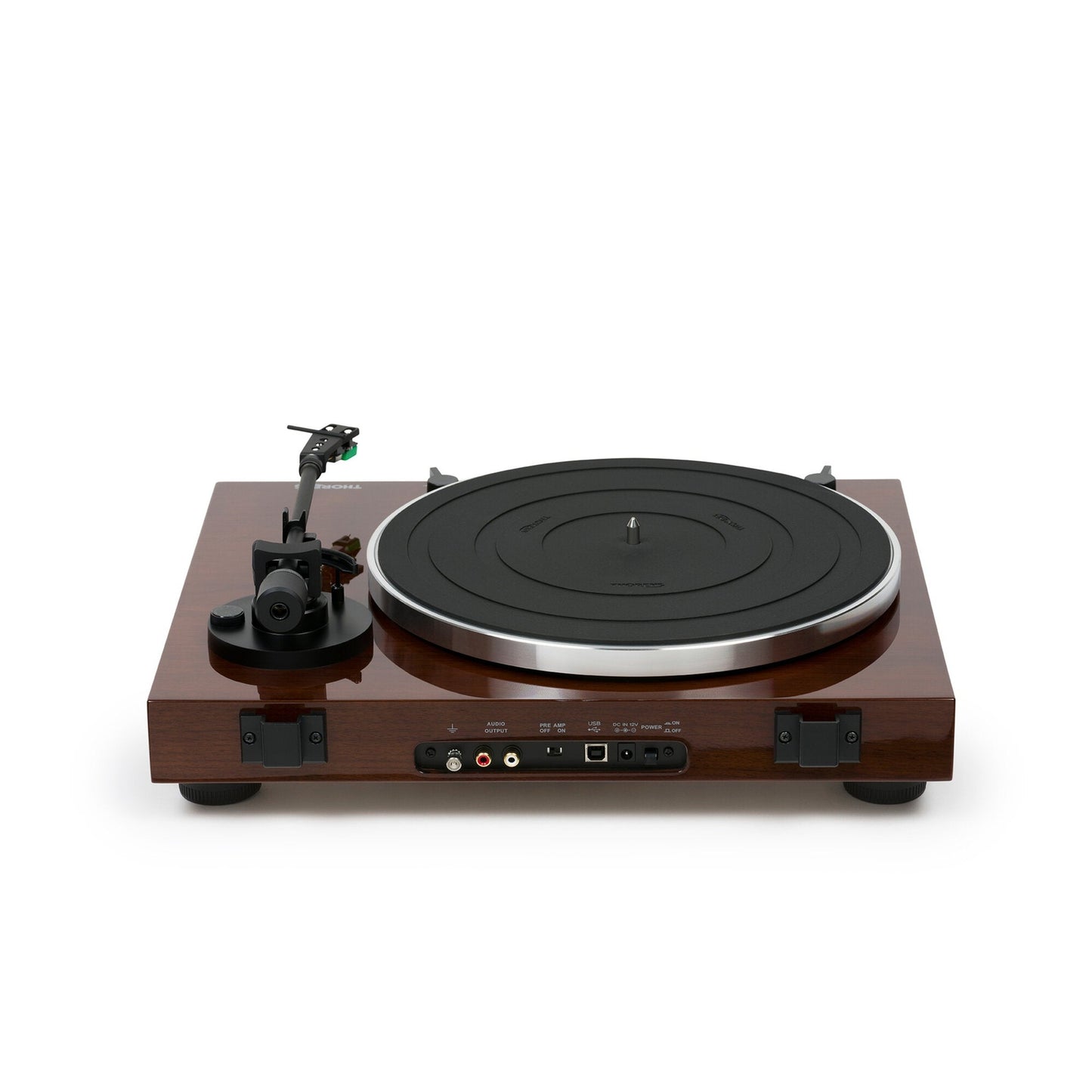 Thorens TD 202 Plattenspieler Nussbaum Hochglanz Rückansicht mit Anschlussfeld, Cinch-Ausgang und USB