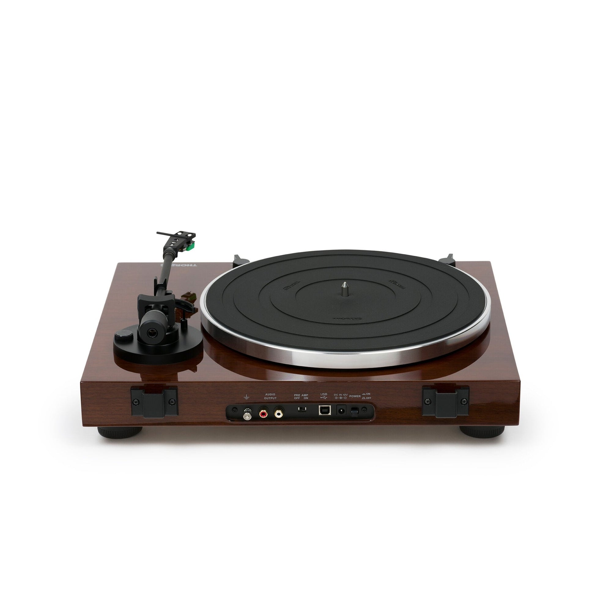 Thorens TD 202 Plattenspieler Nussbaum Hochglanz Rückansicht mit Anschlussfeld, Cinch-Ausgang und USB