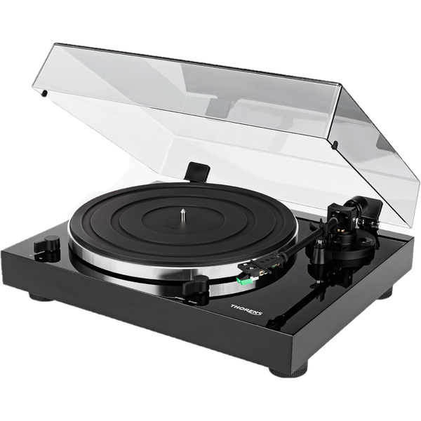 Thorens TD 202 Plattenspieler Schwarz Hochglanz Frontansicht mit geöffneter Staubschutzhaube