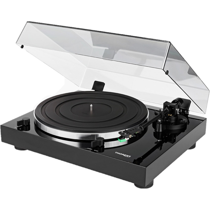 Thorens TD 202 Plattenspieler Schwarz Hochglanz Frontansicht mit geöffneter Staubschutzhaube