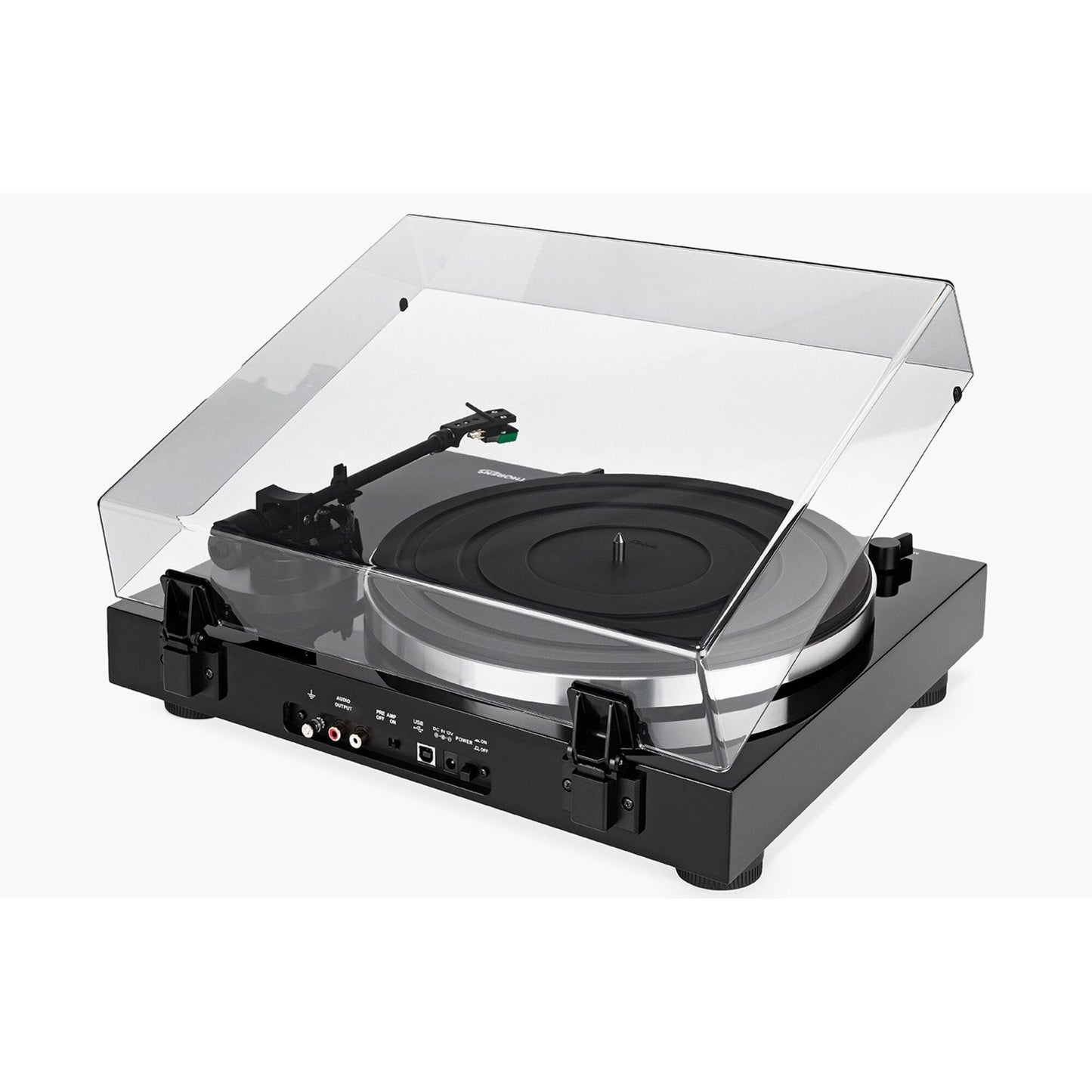 Thorens TD 202 Plattenspieler Schwarz Hochglanz Rückansicht mit Anschlussfeld, Cinch-Ausgang und USB