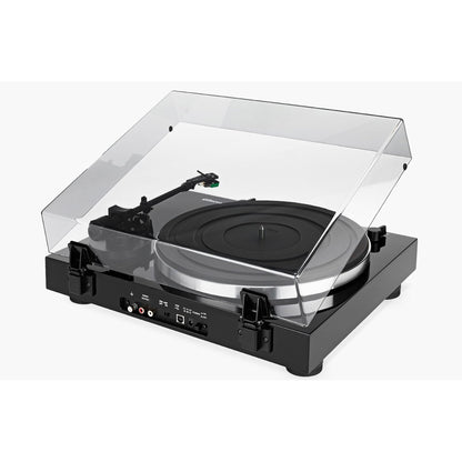 Thorens TD 202 Plattenspieler Schwarz Hochglanz Rückansicht mit Anschlussfeld, Cinch-Ausgang und USB
