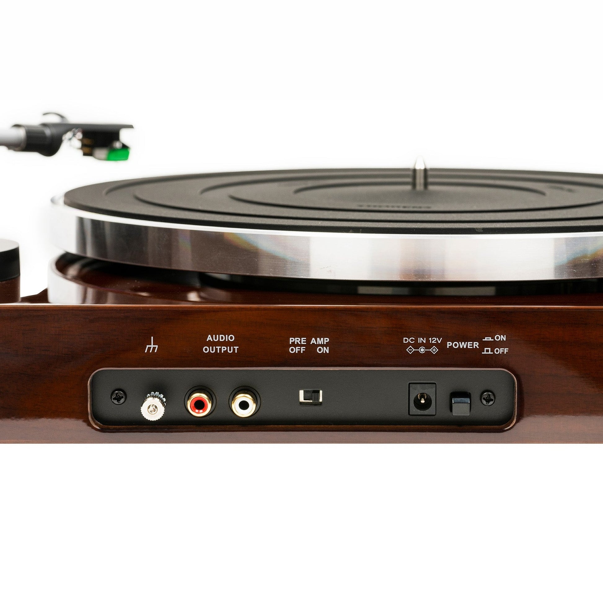 Thorens TD 204 Plattenspieler Nussbaum Hochglanz Anschlussfeld mit Cinch-Ausgang und Phono-Vorverstärker-Schalter