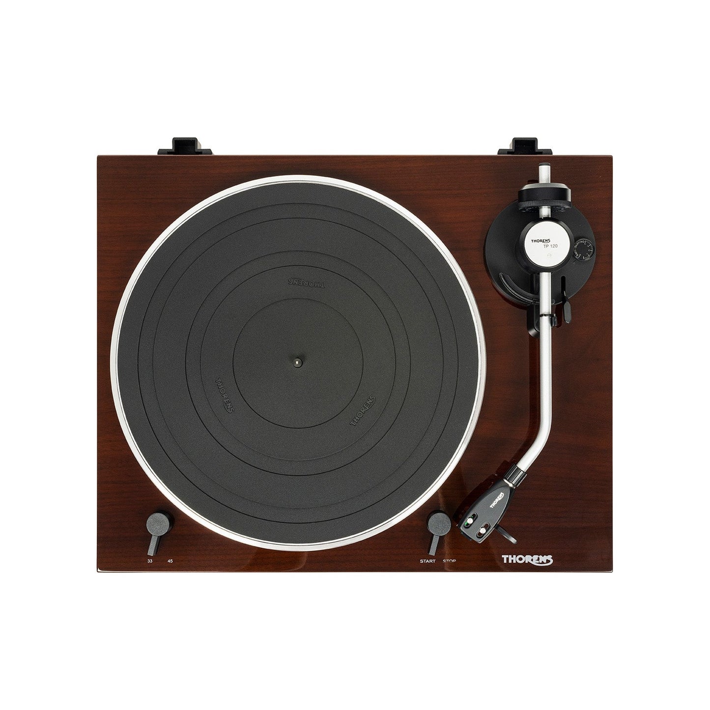 Thorens TD 204 Plattenspieler Nussbaum Hochglanz Draufsicht mit Plattenteller und Tonarm TP 120
