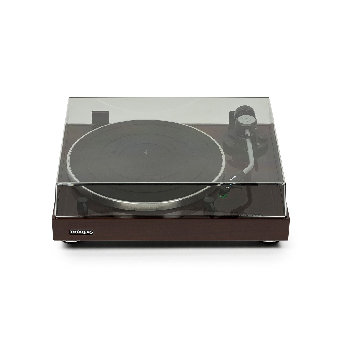 Thorens TD 204 Plattenspieler Nussbaum Hochglanz Frontansicht 2 mit geschlossener Staubschutzhaube