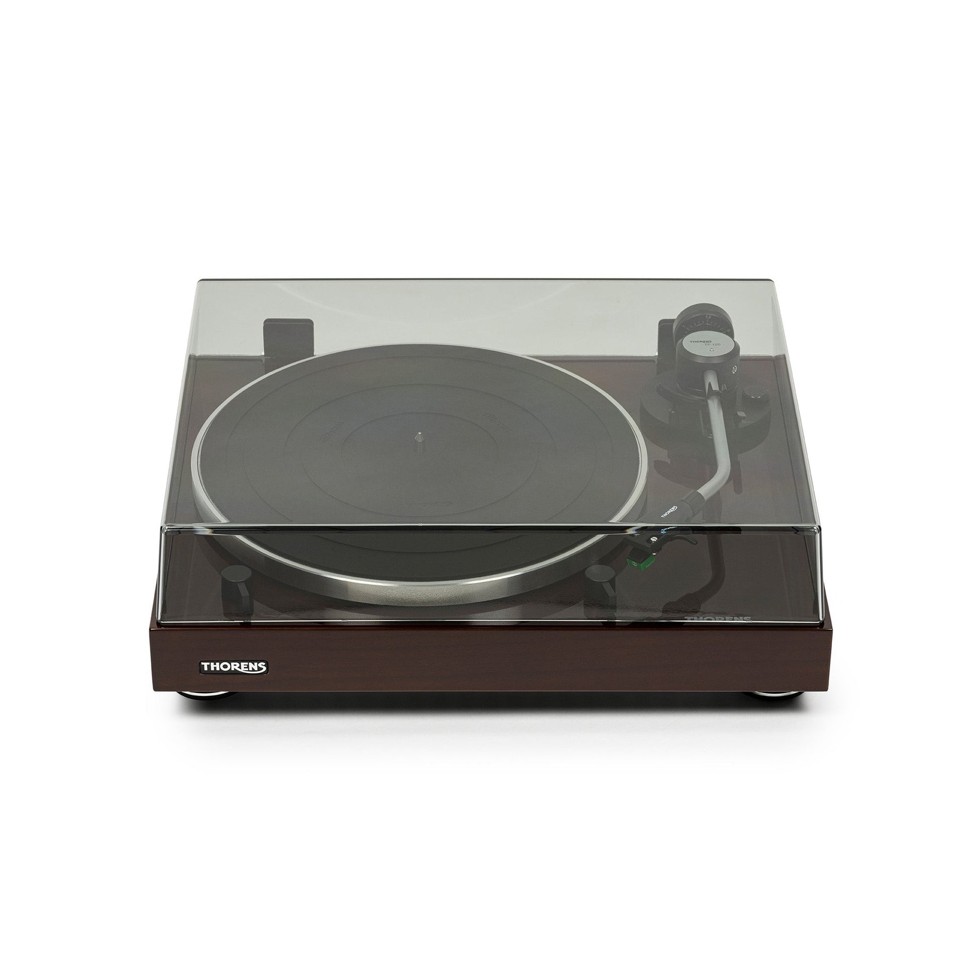 Thorens TD 204 Plattenspieler Nussbaum Hochglanz Frontansicht 2 mit geschlossener Staubschutzhaube