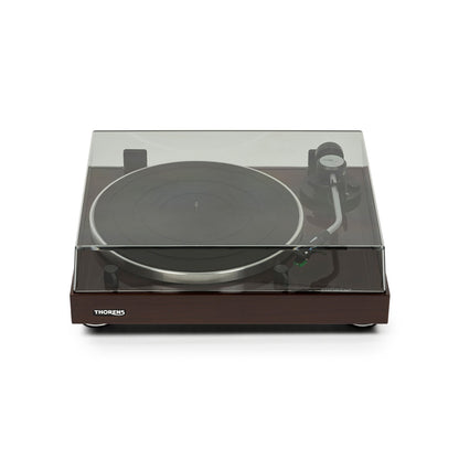 Thorens TD 204 Plattenspieler Nussbaum Hochglanz Frontansicht 2 mit geschlossener Staubschutzhaube