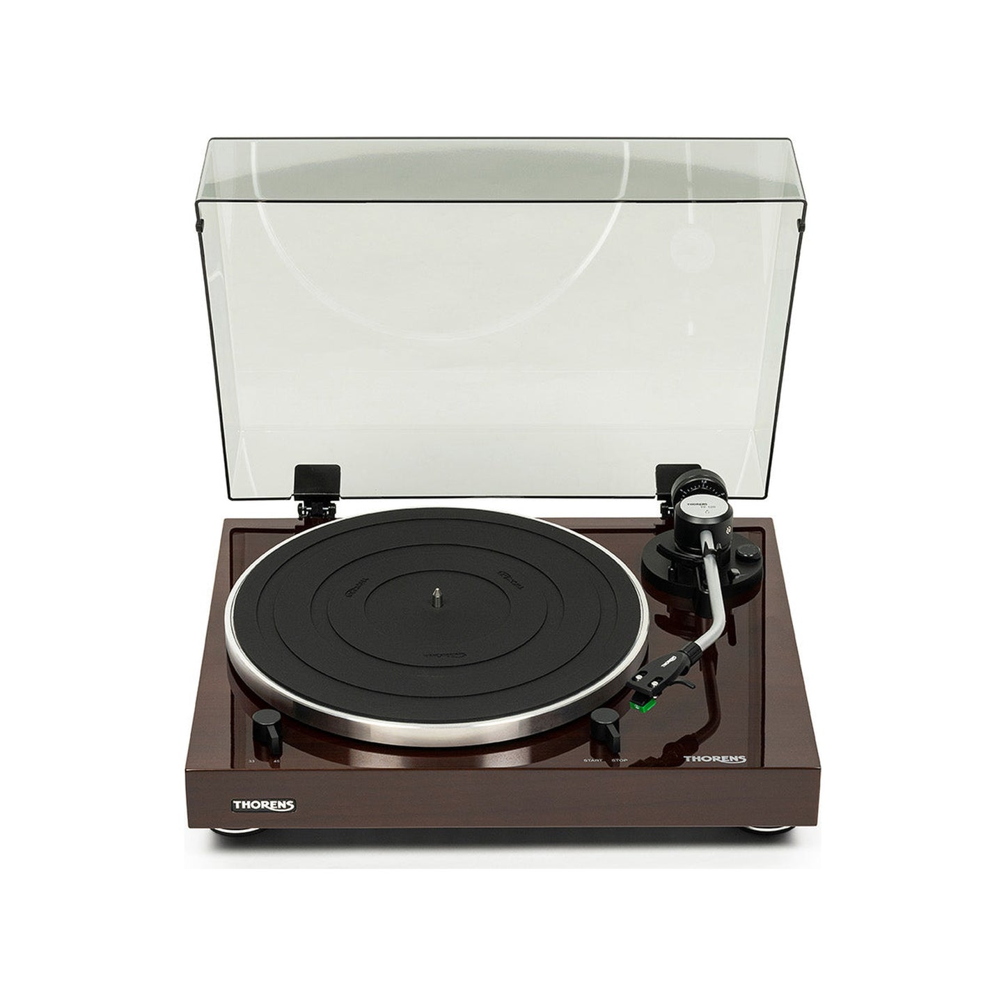 Thorens TD 204 Plattenspieler Nussbaum Hochglanz Frontansicht 3 mit geöffneter Staubschutzhaube