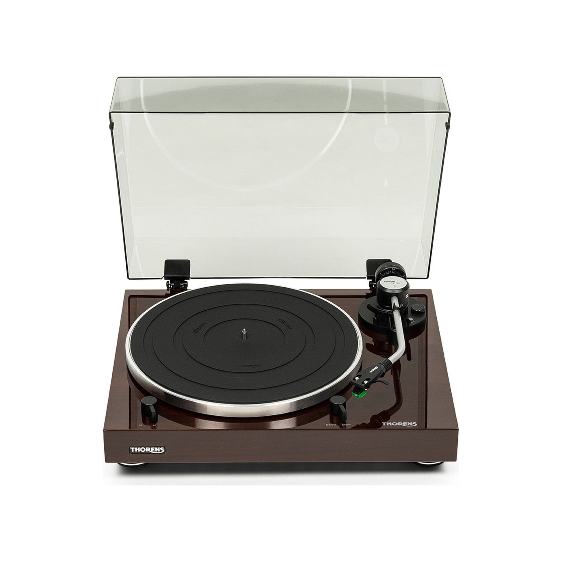 Thorens TD 204 Plattenspieler Nussbaum Hochglanz Frontansicht 3 mit geöffneter Staubschutzhaube