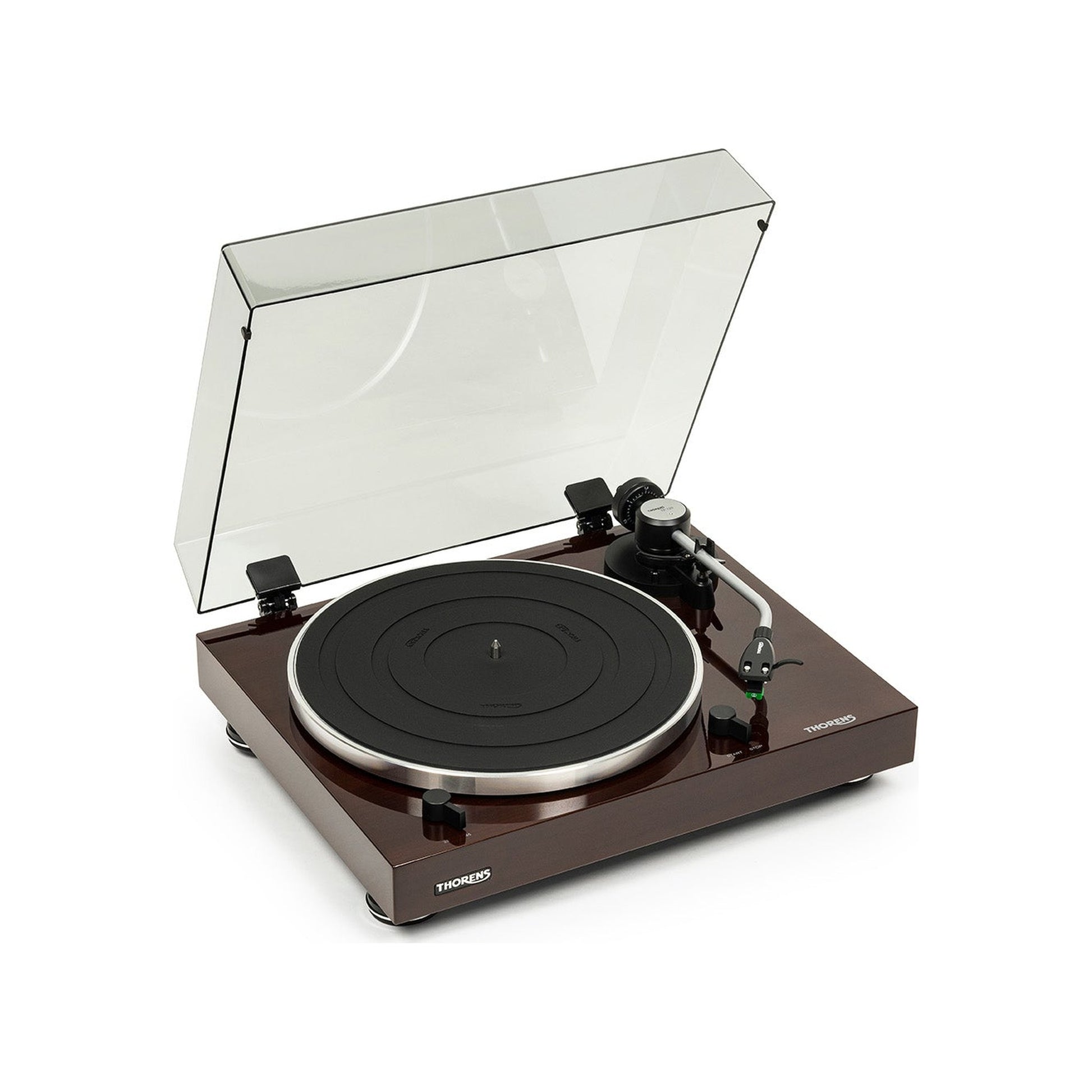 Thorens TD 204 Plattenspieler Nussbaum Hochglanz Frontansicht 4 mit geöffneter Staubschutzhaube