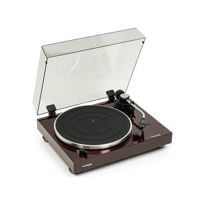 Thorens TD 204 Plattenspieler Nussbaum Hochglanz Frontansicht 4 mit geöffneter Staubschutzhaube