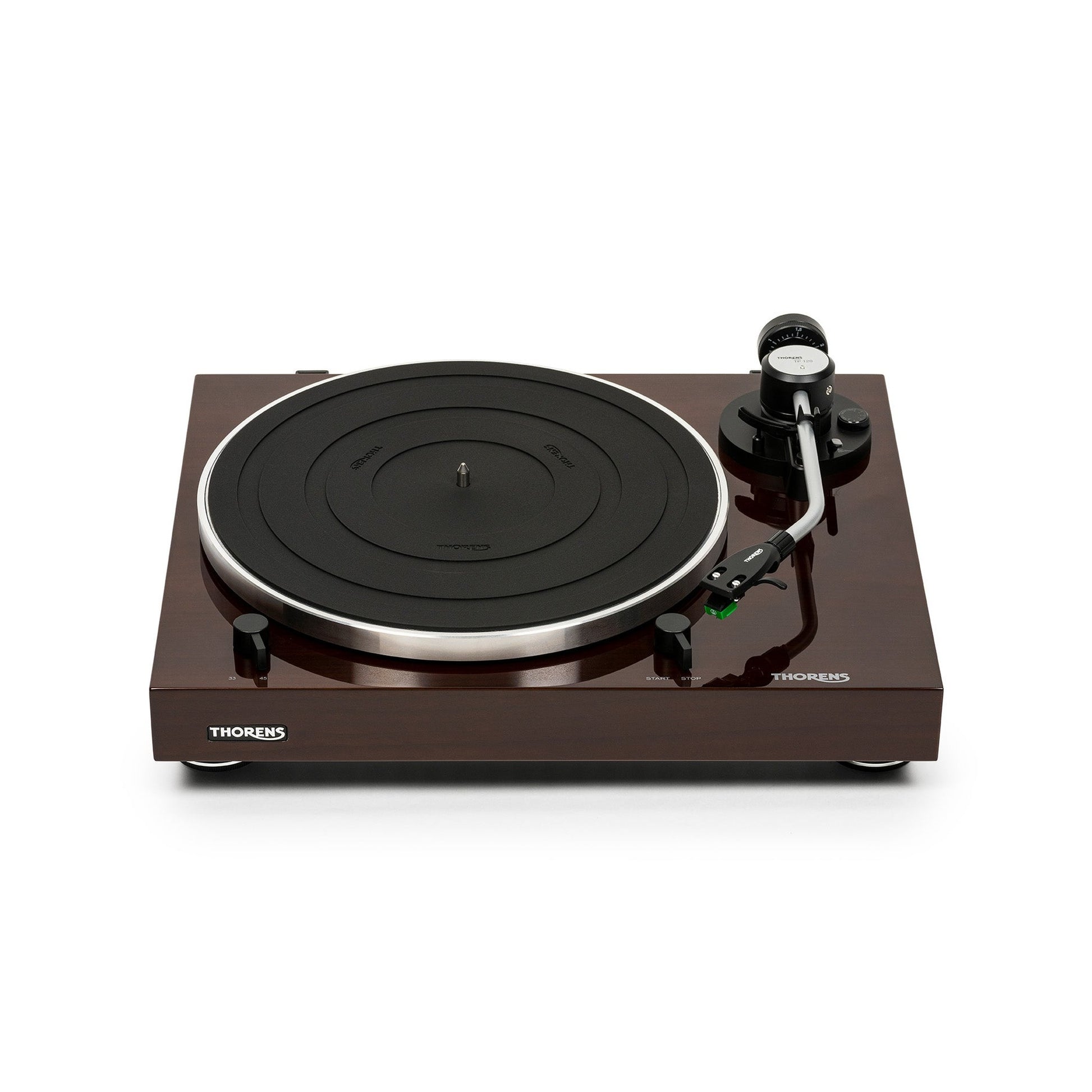 Thorens TD 204 Plattenspieler Nussbaum Hochglanz Frontansicht mit Plattenteller und Tonarm